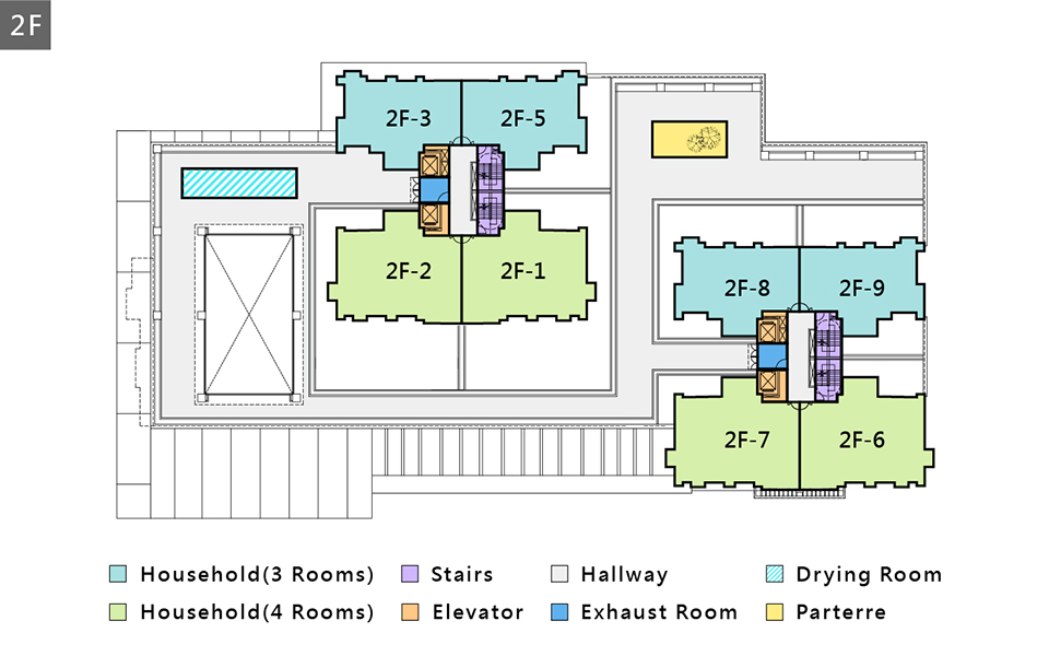 Floor plan of the Taichung dormitory 2F. Blue background is the three layout, green background is the four layout. Other areas are public utility.