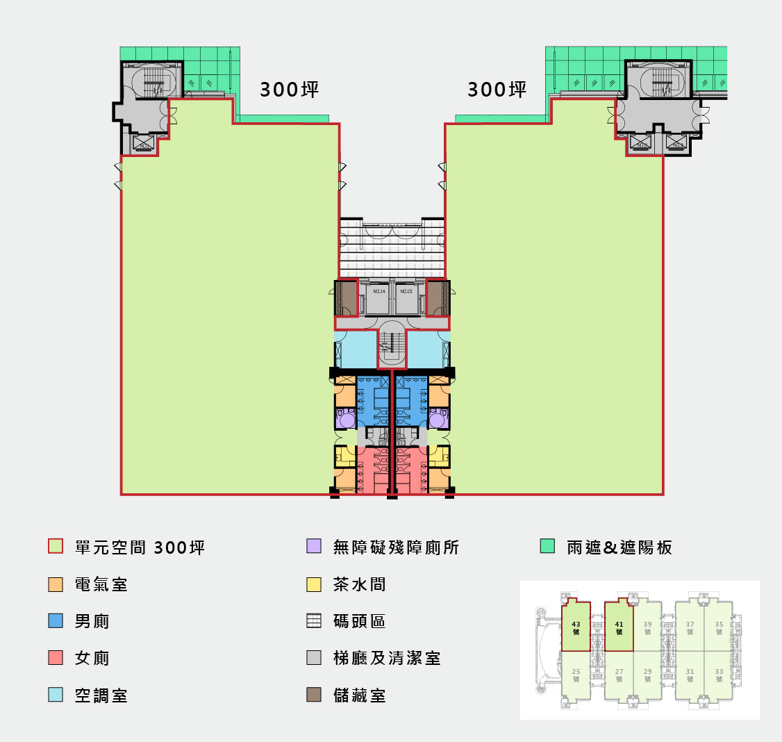 台中第一期廠房的空間配置圖，綠底為實際單元空間，公共區域以不同顏色標註，下方有色票與對應用途 (儲藏室、空調、梯廳…等)，右下縮圖標記此單元的樓層位置