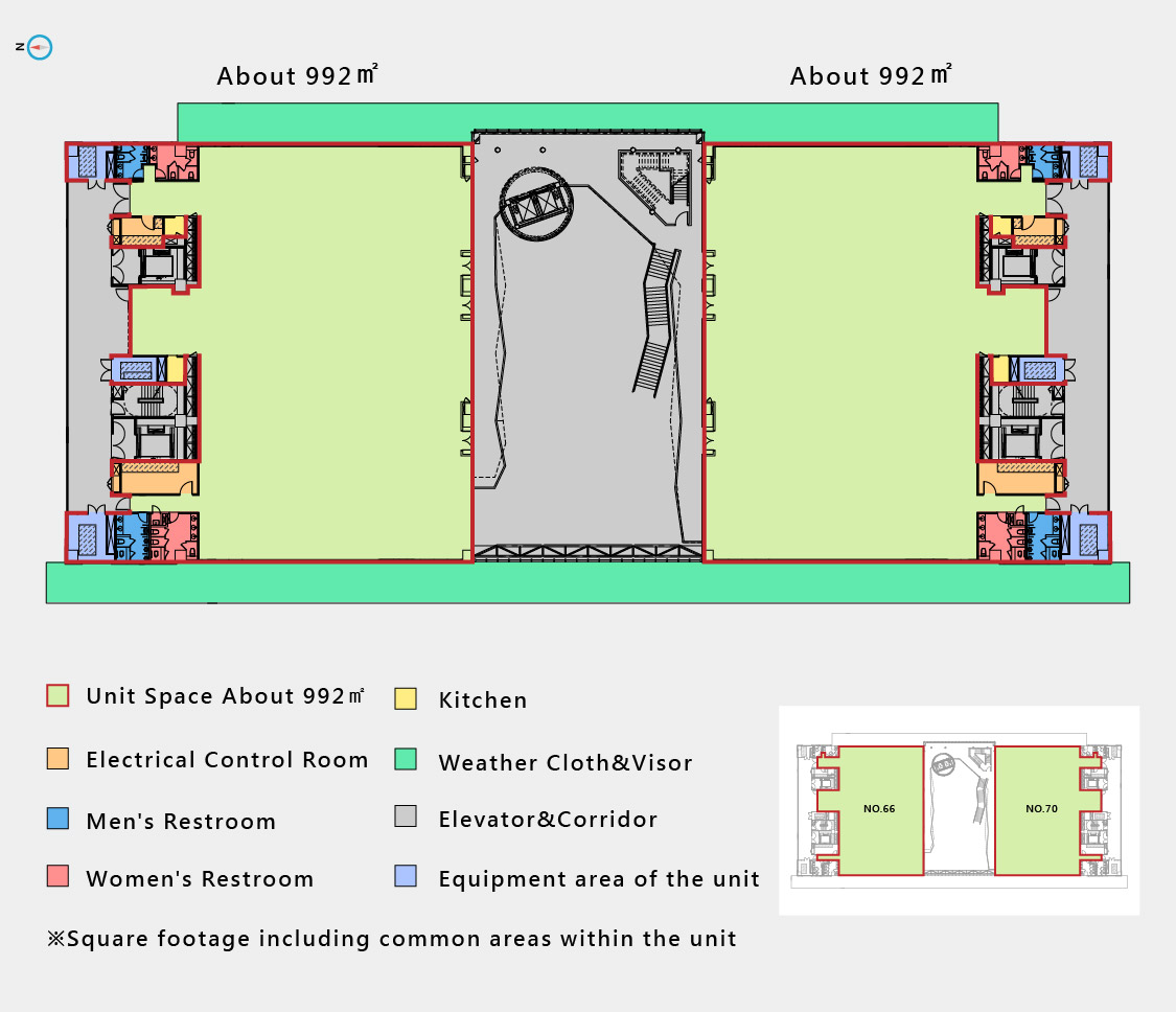 Site plan of the Huwei Phase I. Public areas are color chips and corresponding uses (kitchen, w.c., elevator…). 