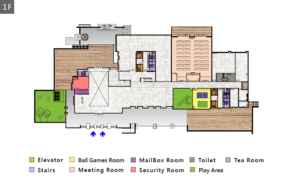 Floor plan of the Taichung dormitory 1F. 1 audio-visual conference room, 2 children's play areas, 1 balls room, 1 guard room, 1 mailbox room.