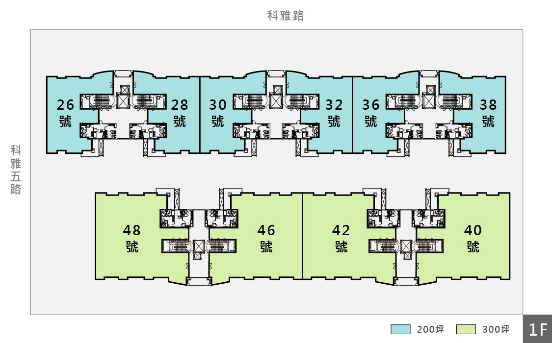 台中第二期廠房的樓層配置圖，廠房附有編號，籃底為200坪空間，綠底為300坪已租空間，紅底為待租區域