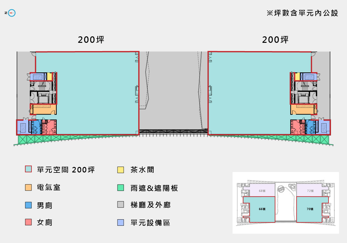 虎尾第一期廠房的空間配置圖，藍底為實際單元空間，公共區域以不同顏色標註，下方有色票與對應用途 (電器室、茶水、梯廳…等)，右下縮圖標記此單元的樓層位置