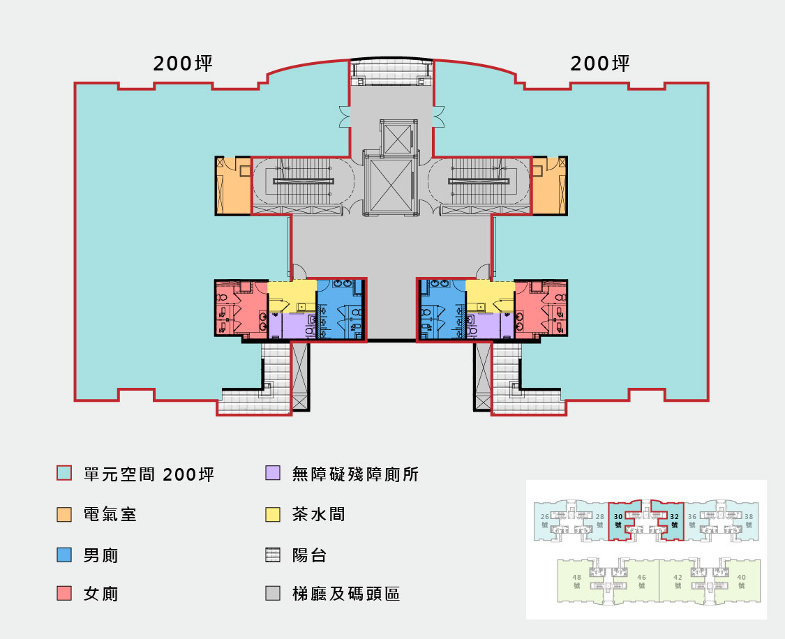 台中第二期廠房的空間配置圖，藍底為實際單元空間，公共區域以不同顏色標註，下方有色票與對應用途 (儲藏室、空調、梯廳…等)，右下縮圖標記此單元的樓層位置
