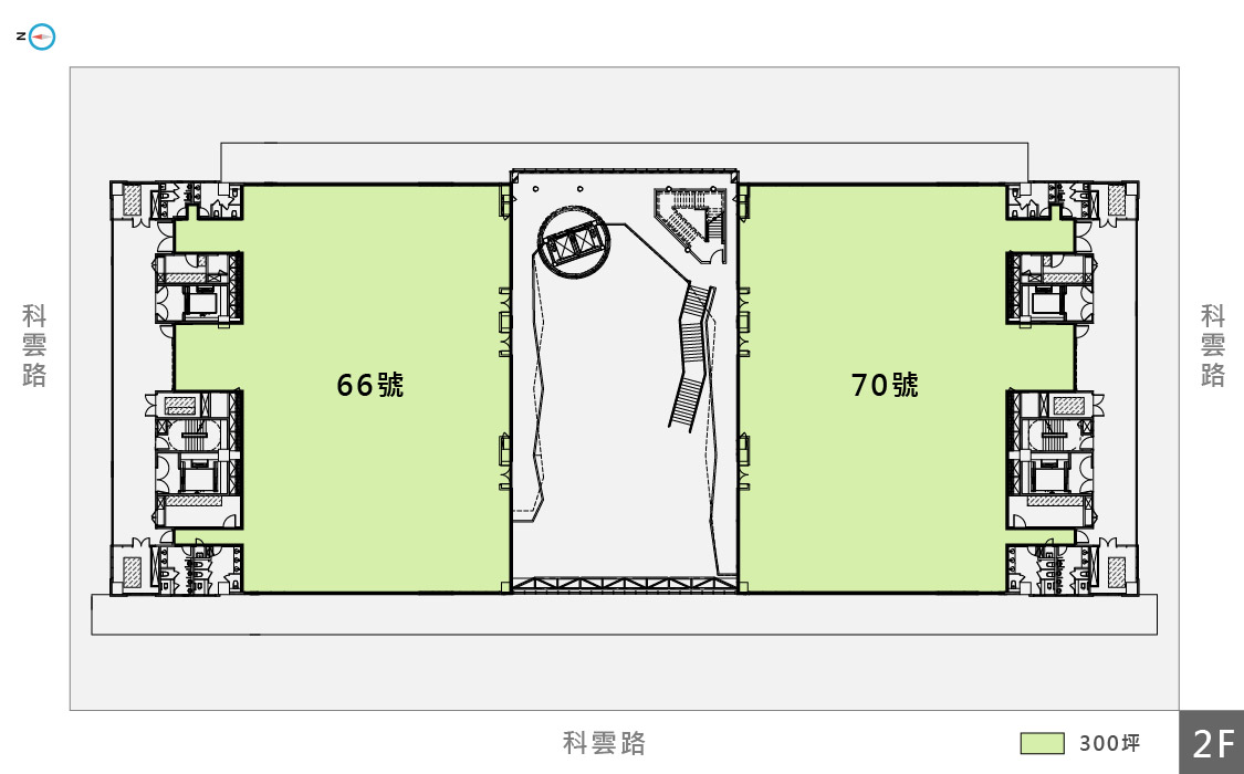 虎尾第一期廠房的樓層配置圖，廠房附有編號，綠底為300坪空間