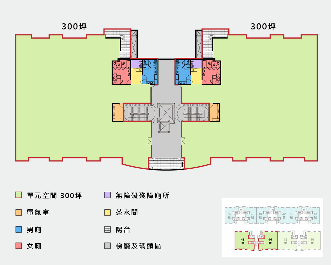 台中第二期廠房的空間配置圖，綠底為實際單元空間，公共區域以不同顏色標註，下方有色票與對應用途 (儲藏室、空調、梯廳…等)，右下縮圖標記此單元的樓層位置
