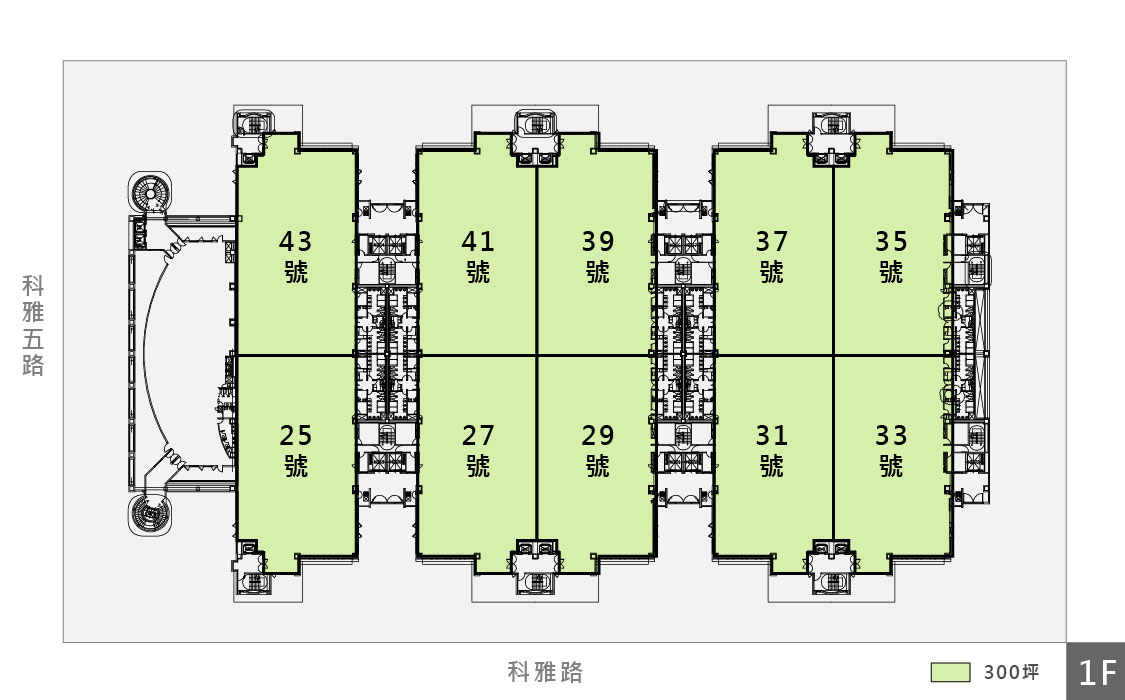 台中第一期廠房的樓層配置圖，廠房附有編號，綠底為300坪已租空間，紅底為待租區域