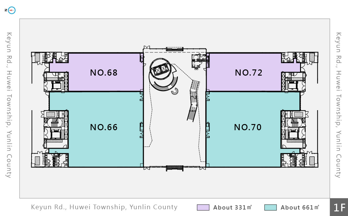 Floor plan of the Huwei Phase I. Purple background is 331m2 of rented. purple background is 661m2 of rented.