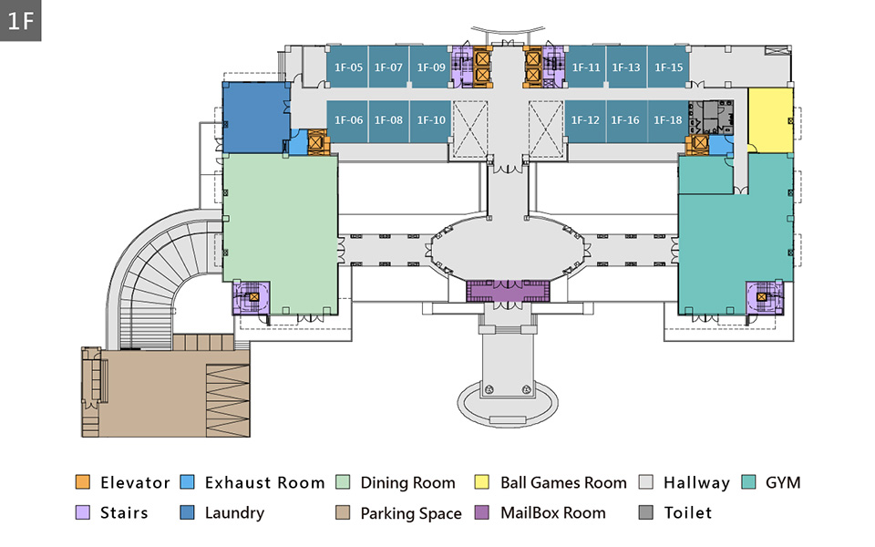 Floor plan of Taichung single dormitory, the first floor is public, a fitness center, a restaurant, a laundry room, a mailbox room, a car parking lot.