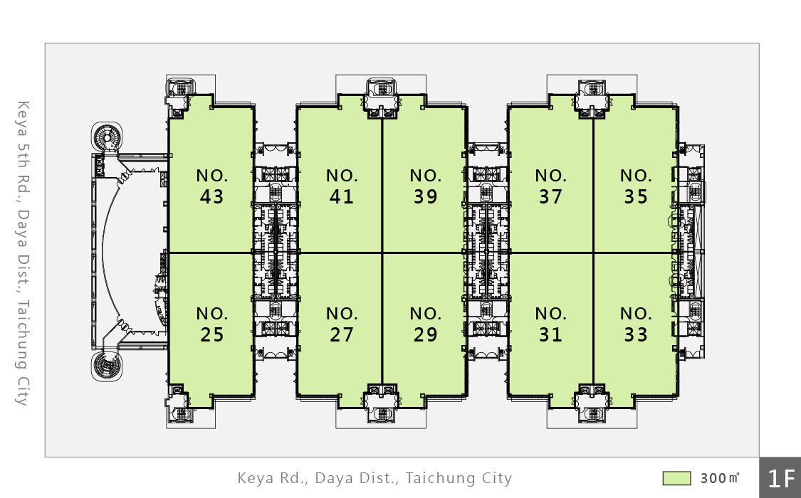 Floor plan of the Taichung Phase I. Green background is 300m2 of rented. Red background is the area to be rented.