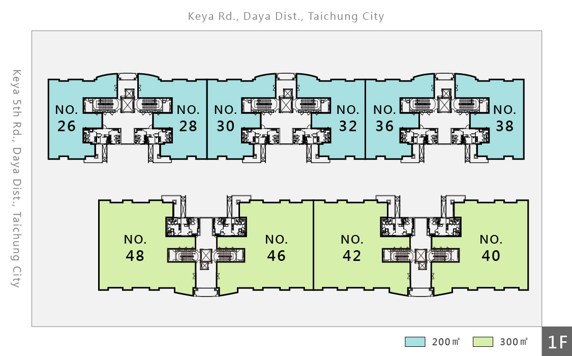 Floor plan of the Taichung Phase II. Blue background is 200m2 of rented. Green background is 300m2 of rented. Red background is the area to be rented.